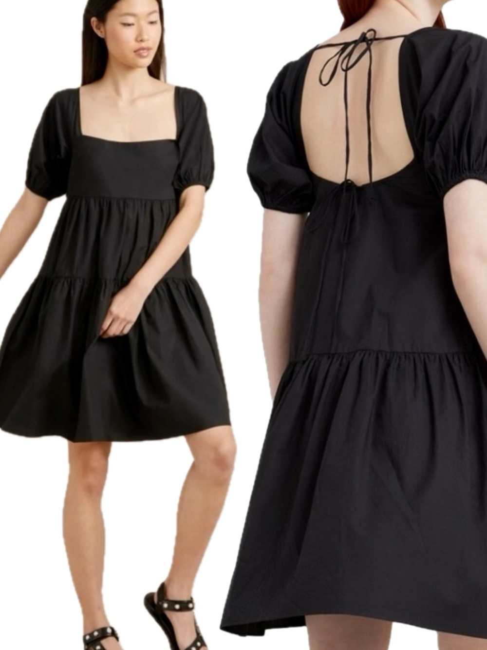 Modern Citizen Black Andra Tiered Pocket Mini Dress Size Small Short Puff Sleeve